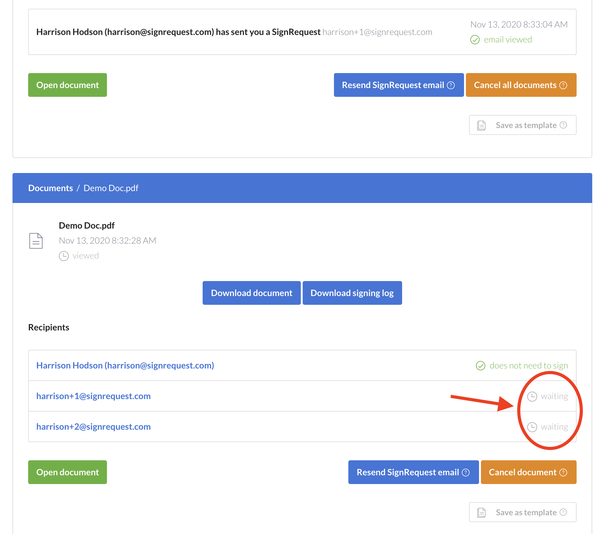 Document Status: Waiting – SignRequest